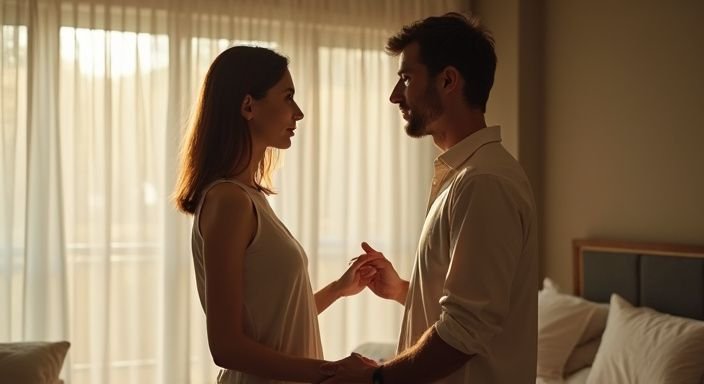 Een man en vrouw delen een tedere momenten in een slaapkamer. Een man en vrouw delen een tedere momenten in een slaapkamer tijdens BDSM Sexcontact Overijssel