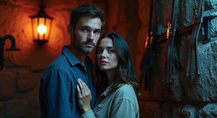 Een stel staat dicht bij elkaar in een dungeon-achtige ruimte. Een stel staat dicht bij elkaar in een dungeon achtige ruimte tijdens BDSM Sexcontact Overijssel