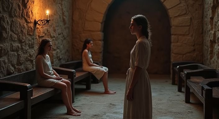 Twee vrouwen in een dungeon met BDSM-apparatuur en ontspannen houdingen. Twee vrouwen in een dungeon met BDSM apparatuur en ontspannen houdingen