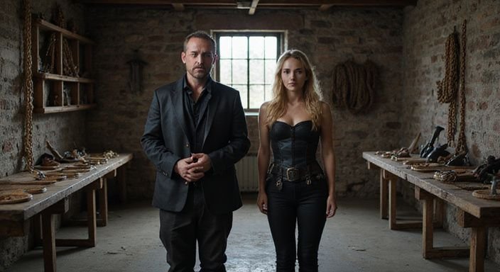 Een man en vrouw in leren kleding staan in een oude kelder. Een man en vrouw in leren kleding staan in een oude kelder.