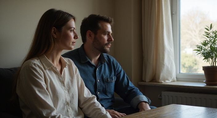 Een stel zit dicht bij elkaar in een eenvoudige kamer. Een stel zit dicht bij elkaar in een eenvoudige kamer.