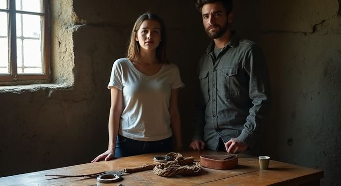 Een man en vrouw verkennen BDSM-accessoires in een eenvoudige kamer. Een man en vrouw verkennen BDSM-accessoires in een eenvoudige kamer.