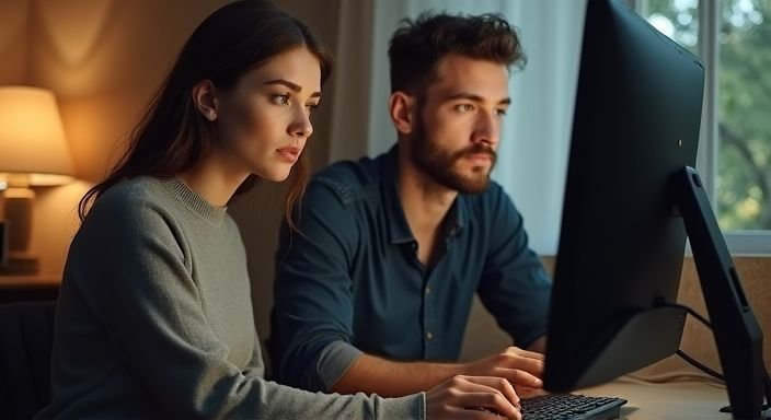 Een vrouw en man werken samen aan een BDSM-datingsite. Een vrouw en man zoeken samen op een BDSM-datingsite naar BDSM Sexcontact in Zuid-Holland.