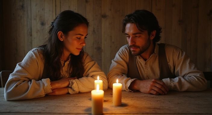 Een man en vrouw in kostuums zitten intiem aan een houten tafel. Een man en vrouw in kostuums zitten intiem aan een houten tafel.