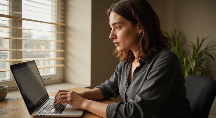 Een vrouw in een grijs blouse werkt gefocust aan haar computer.
