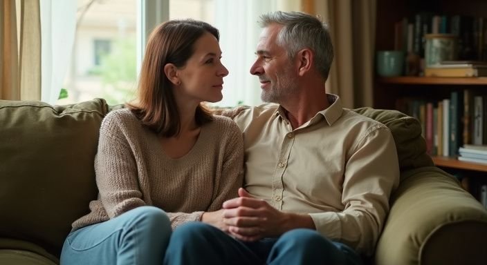 Een stel deelt een intieme conversatie over BDSM sexcontact online op een loveseat.