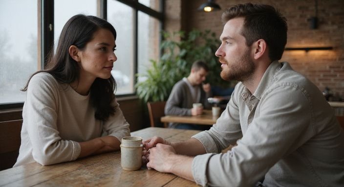 Een man en een vrouw hebben een respectvol gesprek over BDSM sexcontact online in een café.