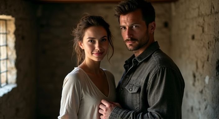 Een man en vrouw in een intieme, serieuze uitwisseling in een kelder.