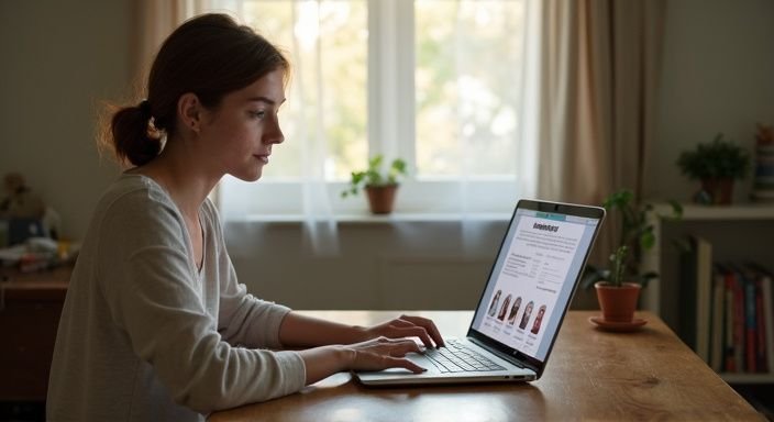 Een vrouw bekijkt aandachtig een datingwebsite op haar laptop. Een vrouw bekijkt aandachtig een datingwebsite voor kinky dating op haar laptop.