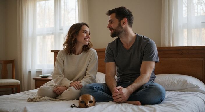 Een man en vrouw delen een speelse, intieme moment op bed. Een man en vrouw delen een speelse, intieme moment op bed.