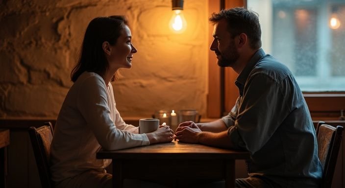 Een vrouw en een man delen een intiem moment in een café. Een vrouw en een man delen een intiem moment in een café.