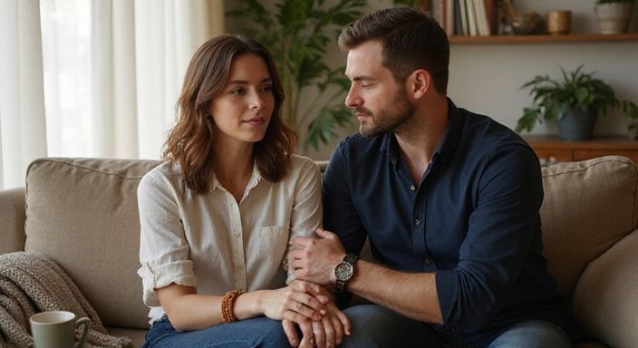 Een intieme momenten tussen een man en vrouw op een bank.