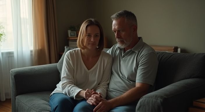 Een vrouw en een man zitten samen op een versleten bank.