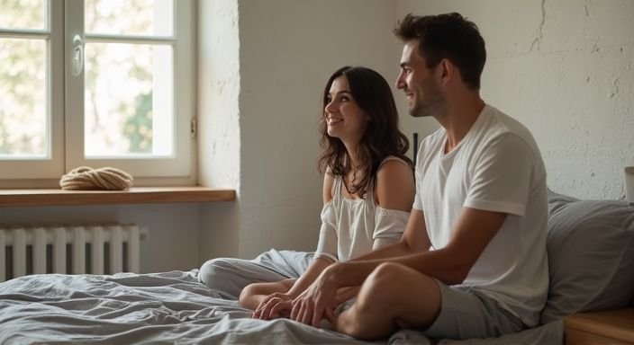 Een vrouw en man delen een intiem gesprek over het verschil tussen BDSM en SM in een slaapkamer.