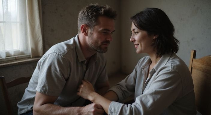 Twee personen delen een intieme, oprechte interactie in een eenvoudige ruimte.