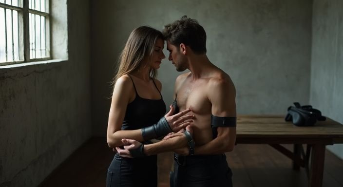 Een man en vrouw delen vertrouwen in een dungeon-achtige ruimte.