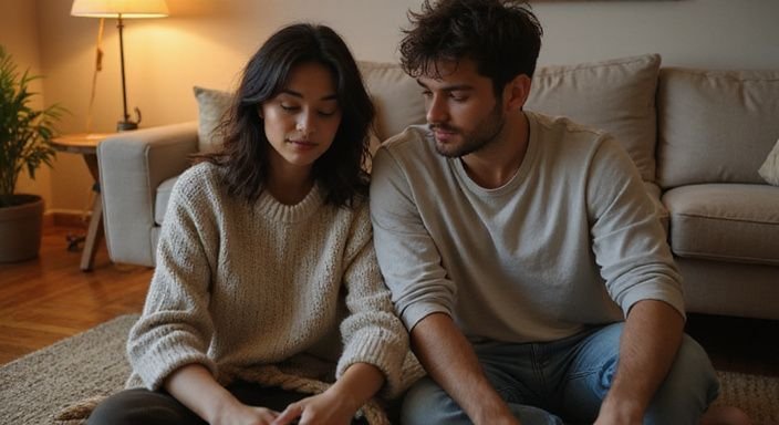 Jong stel zit op houten vloer en communiceert over het verschil tussen BDSM en SM intiem en ontspannen.