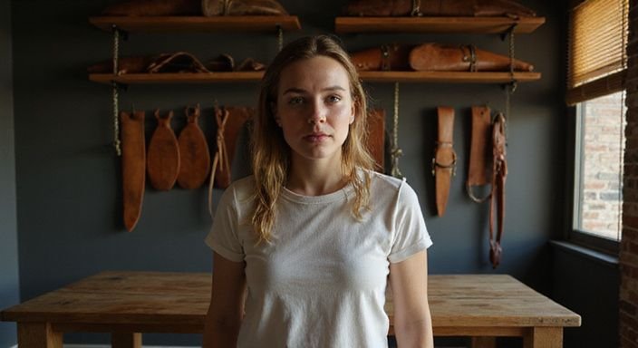 Een persoon verkent BDSM-apparatuur in een rustig ingerichte kamer. Een persoon verkent BDSM-apparatuur in een rustig ingerichte kamer.