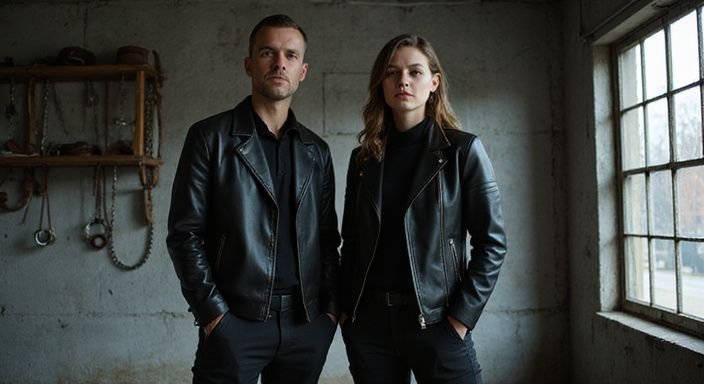 Een man en vrouw in leren jassen staan naast elkaar in een industrieel interieur. Een man en vrouw in leren jassen staan naast elkaar in een industrieel interieur.