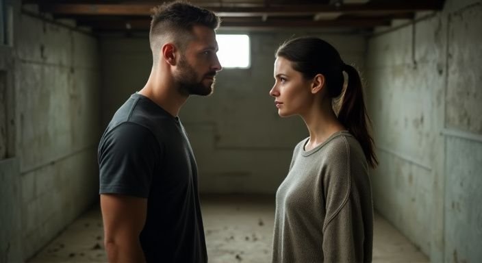 Een man en vrouw delen een intieme connectie in een kelder. Een man en vrouw delen BDSM sexcontact Antwerpen in een kelder.