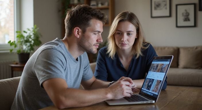 Een man en vrouw onderzoeken samen BDSM-advertenties op een laptop. Een man en vrouw onderzoeken samen BDSM-advertenties voor BDSM sexcontact Antwerpen op een laptop.