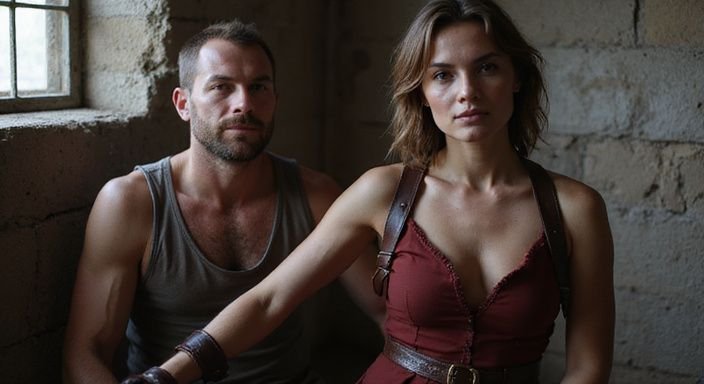 Een man en vrouw delen een intiem moment in een kelder. Een man en vrouw delen BDSM sexcontact Antwerpen in een kelder.