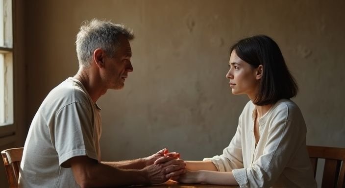 Een man en vrouw hebben een intiem gesprek aan tafel. Een man en vrouw hebben een intiem gesprek over BDSM sexcontact Vlaams-Limburg aan tafel.