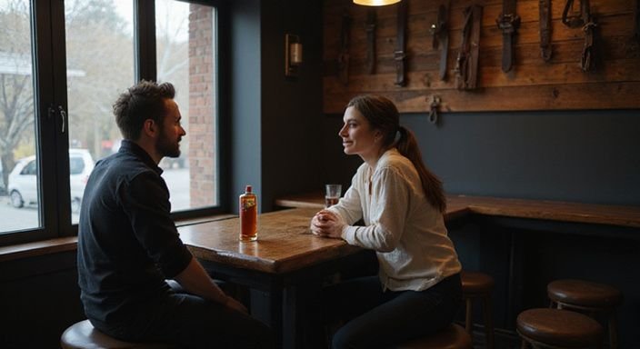 Een man en vrouw zitten ontspannen aan een bar in een cocktaillounge. Een man en vrouw zitten ontspannen aan een bar in een cocktaillounge.