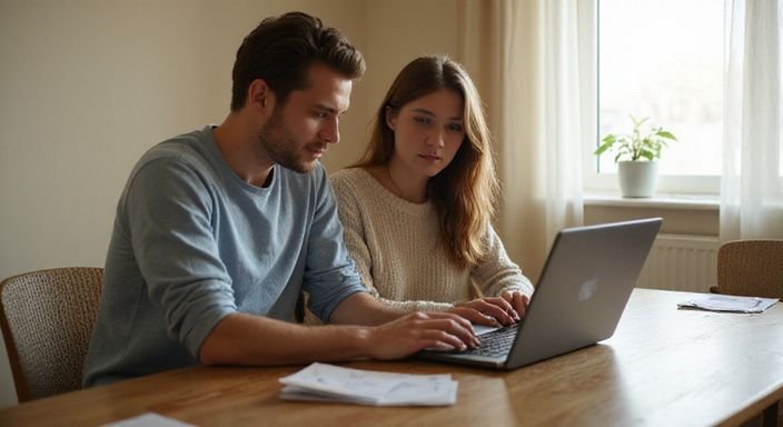 Twee mensen verkennen een datingsite in een gezellige kamer. Twee mensen verkennen een datingsite voor BDSM sexcontact Vlaams-Limburg in een gezellige kamer.