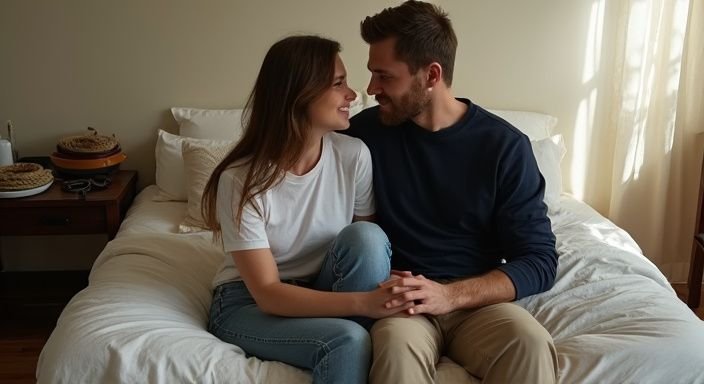 Een intiem moment van een paar met BDSM accessoires in de slaapkamer