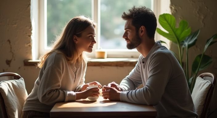 Een man en vrouw delen een intiem gesprek in een café. Een man en vrouw delen een intiem gesprek over BDSM sexcontact Vlaams-Limburg in een café.