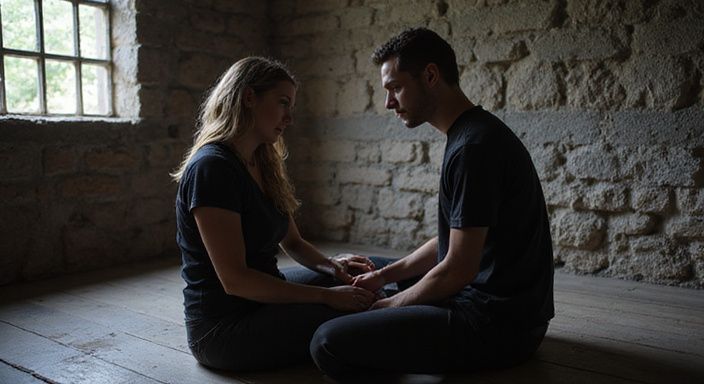 Een intieme BDSM-sessie met vertrouwen en communicatie in een ondergrondse ruimte. Een intieme BDSM-sessie met vertrouwen en communicatie in een ondergrondse ruimte.