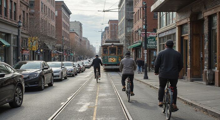 Drukke stadsstraat met voertuigen, fietsers en diverse winkelgevels. Drukke stadsstraat met voertuigen, fietsers en diverse winkelgevels.