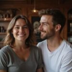 Een vrouw en man delen een speelse, intieme moment in een kamer