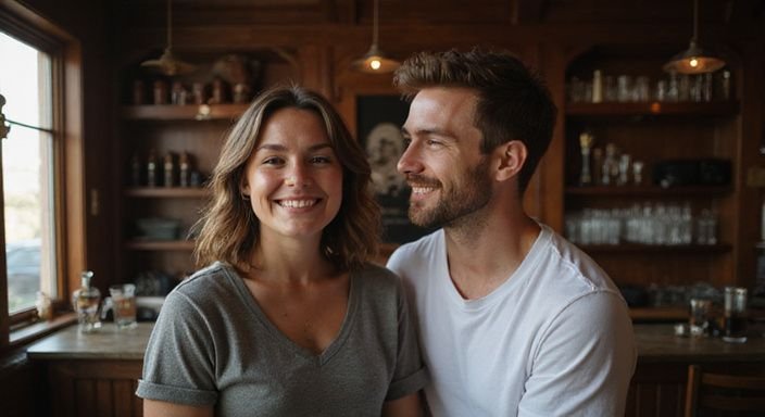 Een vrouw en man delen een speelse, intieme moment in een kamer