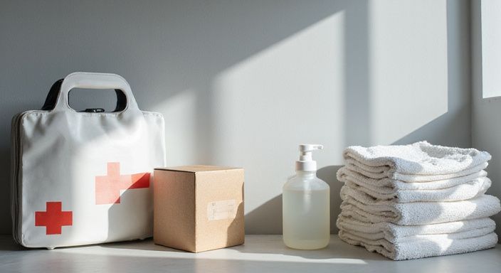 Een goed georganiseerde opslagruimte met een EHBO-koffer en hygiëneproducten. Een goed georganiseerde opslagruimte met een EHBO-koffer en hygiëneproducten.