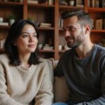 Een man en vrouw zitten dichtbij op een comfortabele bank