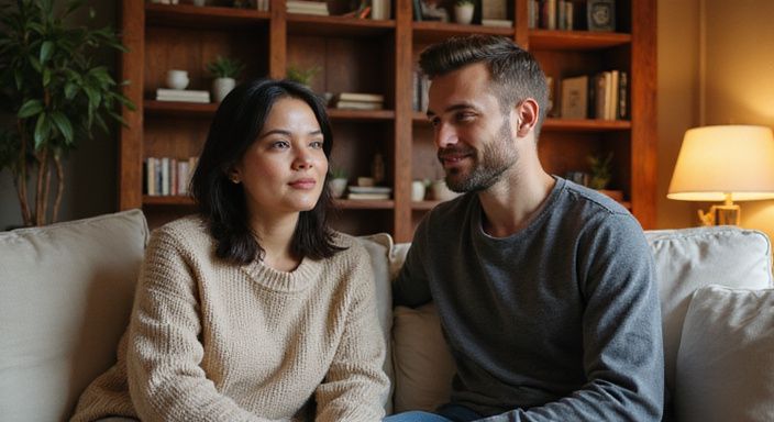 Een man en vrouw zitten dichtbij op een comfortabele bank
