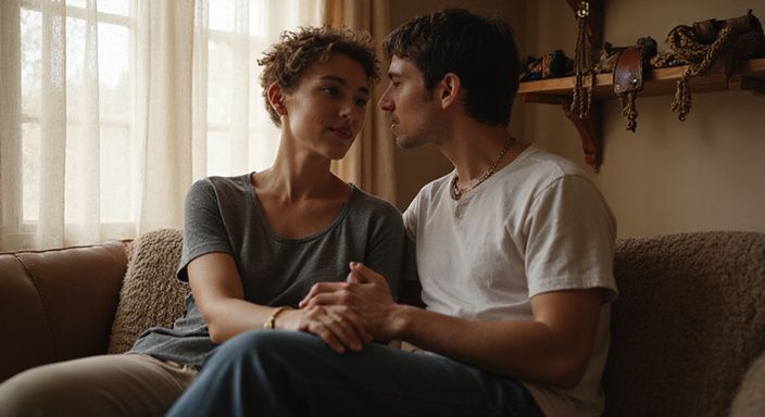 Een stel in een intieme ruimte bespreekt een gezonde BDSM-relatie.