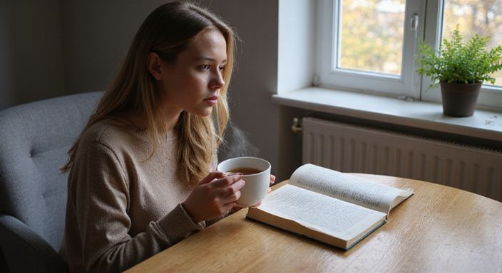 Een vrouw geniet van thee terwijl ze in een boek over een gezonde BDSM-relatie leest.