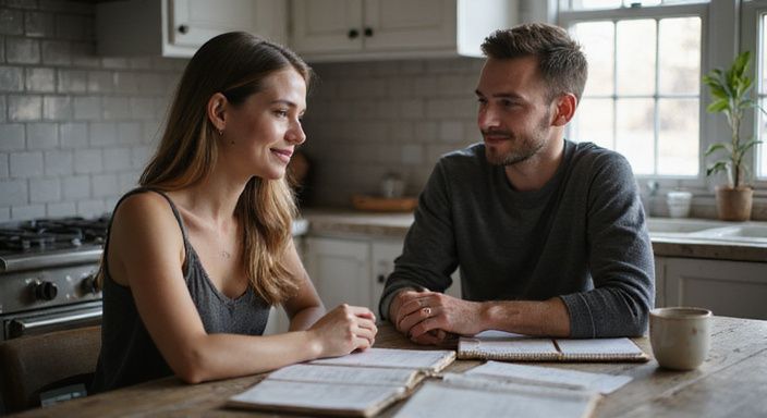 Een vrouw en man delen een intiem moment aan een keukentafel en hebben een gezonde BDSM-relatie.