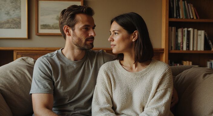 Een man en vrouw zitten samen op een comfortabele bank en hebben een gezonde BDSM-relatie.