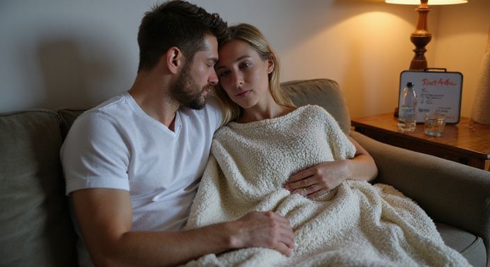 Een vrouw dekt een man met een deken op de bank.