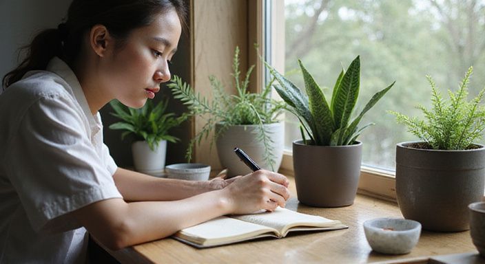 Een persoon schrijft in een journal aan een houten bureau.