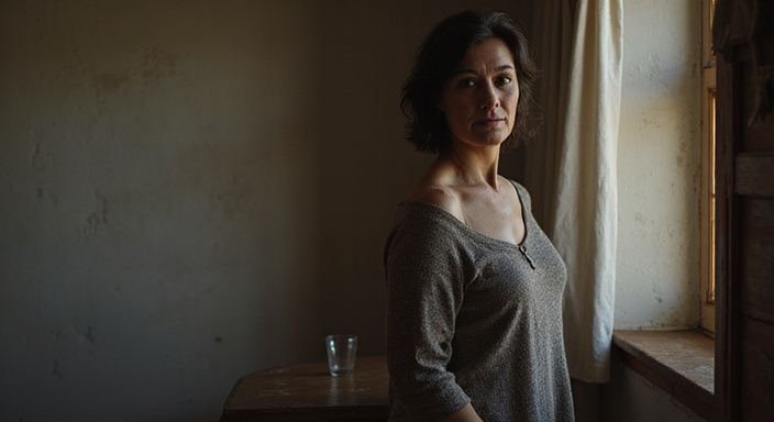 Een vrouw met een rustige uitstraling staat in een bescheiden kamer.