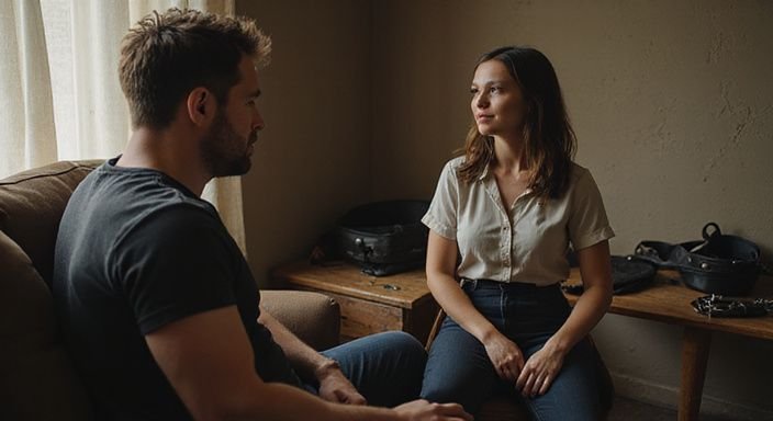 Een man en vrouw in een consensuele BDSM-situatie met respectvolle connectie.