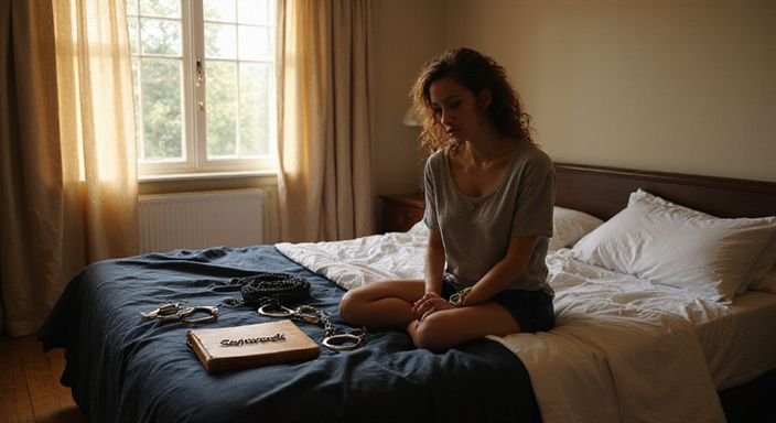 Een ontspannen slaapkamer met BDSM-items en een persoon op het bed.