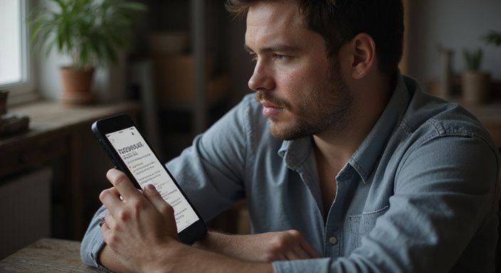 Een persoon bestudeert BDSM-rollen en richtlijnen op hun smartphone. Een persoon bestudeert BDSM-rollen voor BDSM sexcontact in Amsterdam.