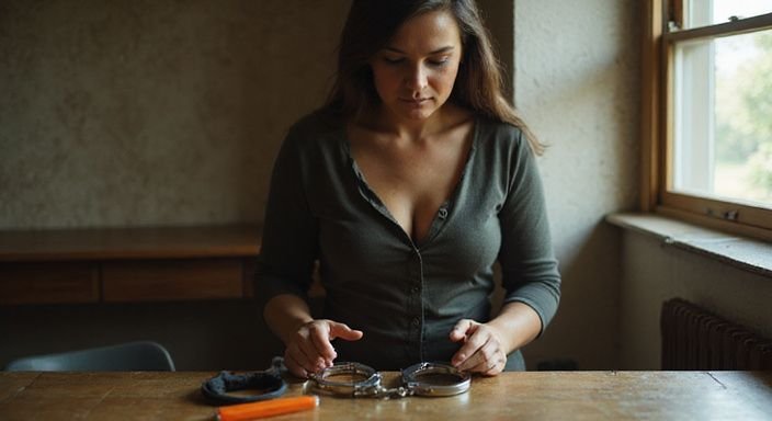 Een vrouw inspecteert handboeien en een blinddoek in een rustige kamer. Een vrouw inspecteert handboeien en een blinddoek in een rustige kamer.