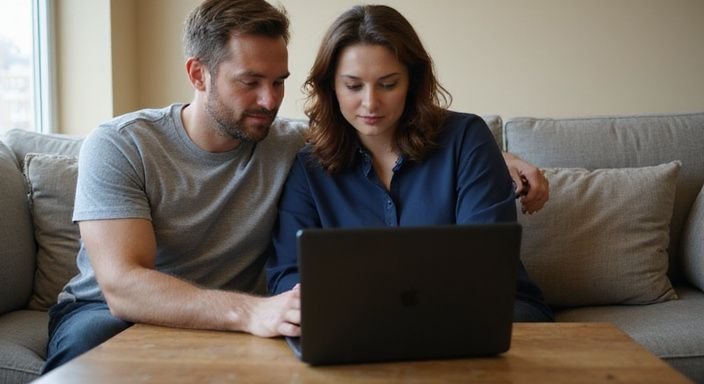 Een man en vrouw bespreken een BDSM-platform op een laptop. Een man en vrouw zoeken op een BDSM-platform naar BDSM sexcontact in Amsterdam.